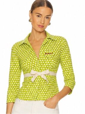 Moschino Jeans Green White Novelty Print Button Front Blouse Top Ribbon Tie Size